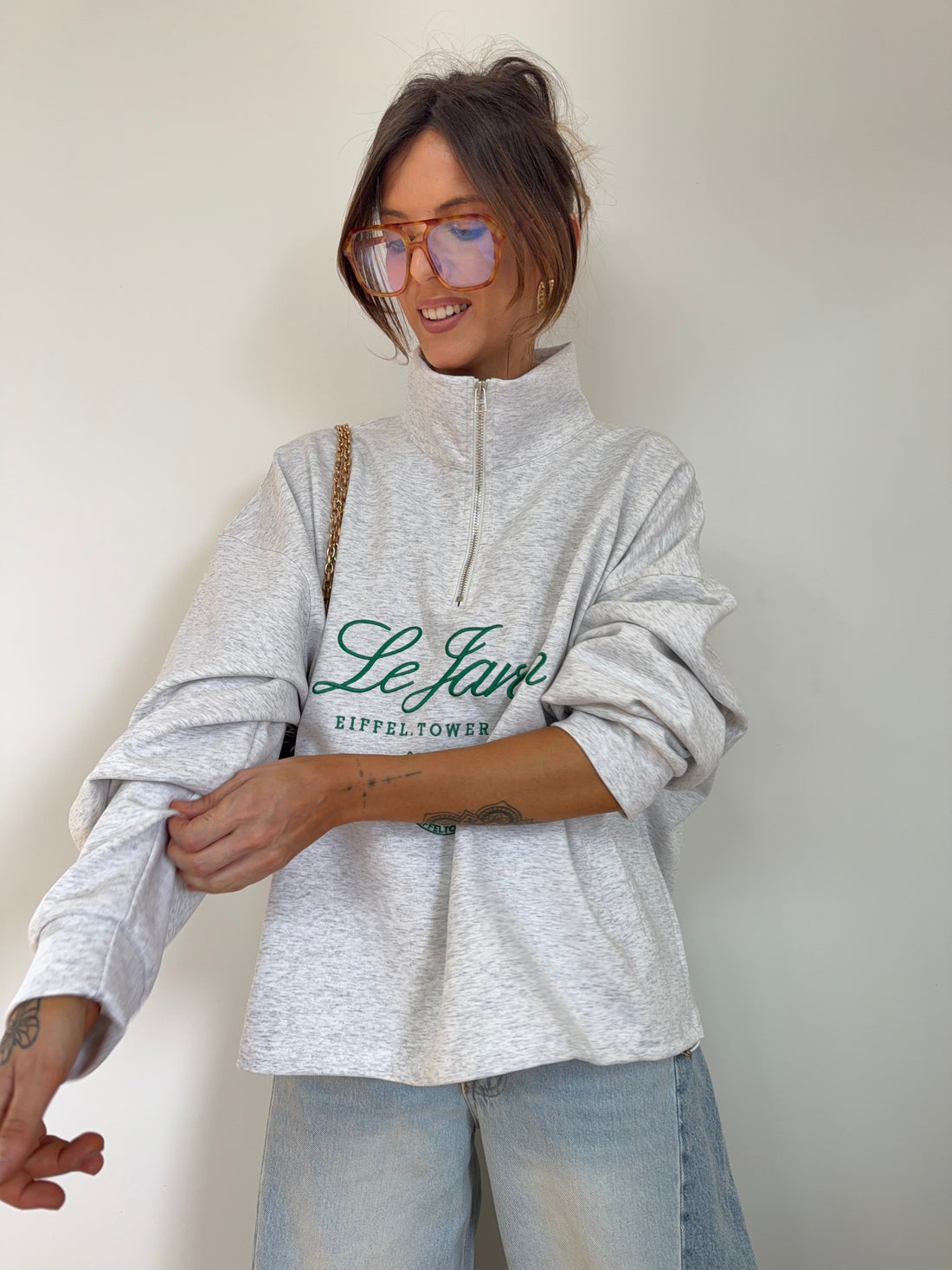 Sweat à zip col montant - gris chiné