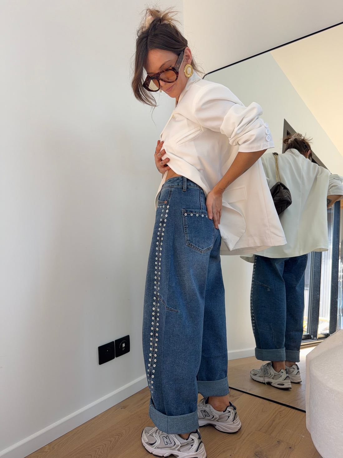 Jeans baggy à oeillets - bleu